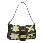 FENDI Zucca Canvas Flower Embroidery Mamma Baguette Bag Black Brownki4974