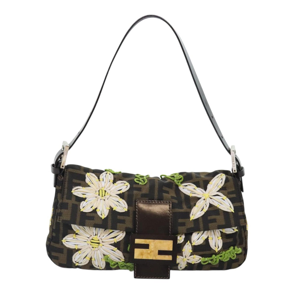 FENDI Zucca Canvas Flower Embroidery Mamma Baguette Bag Black Brownki4974