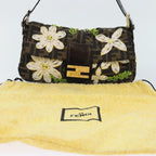 FENDI Zucca Canvas Flower Embroidery Mamma Baguette Bag Black Brownki4974
