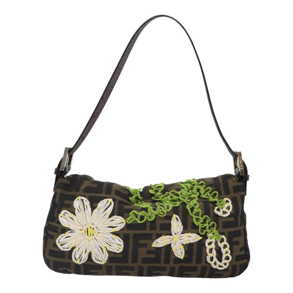 FENDI Zucca Canvas Flower Embroidery Mamma Baguette Bag Black Brownki4974