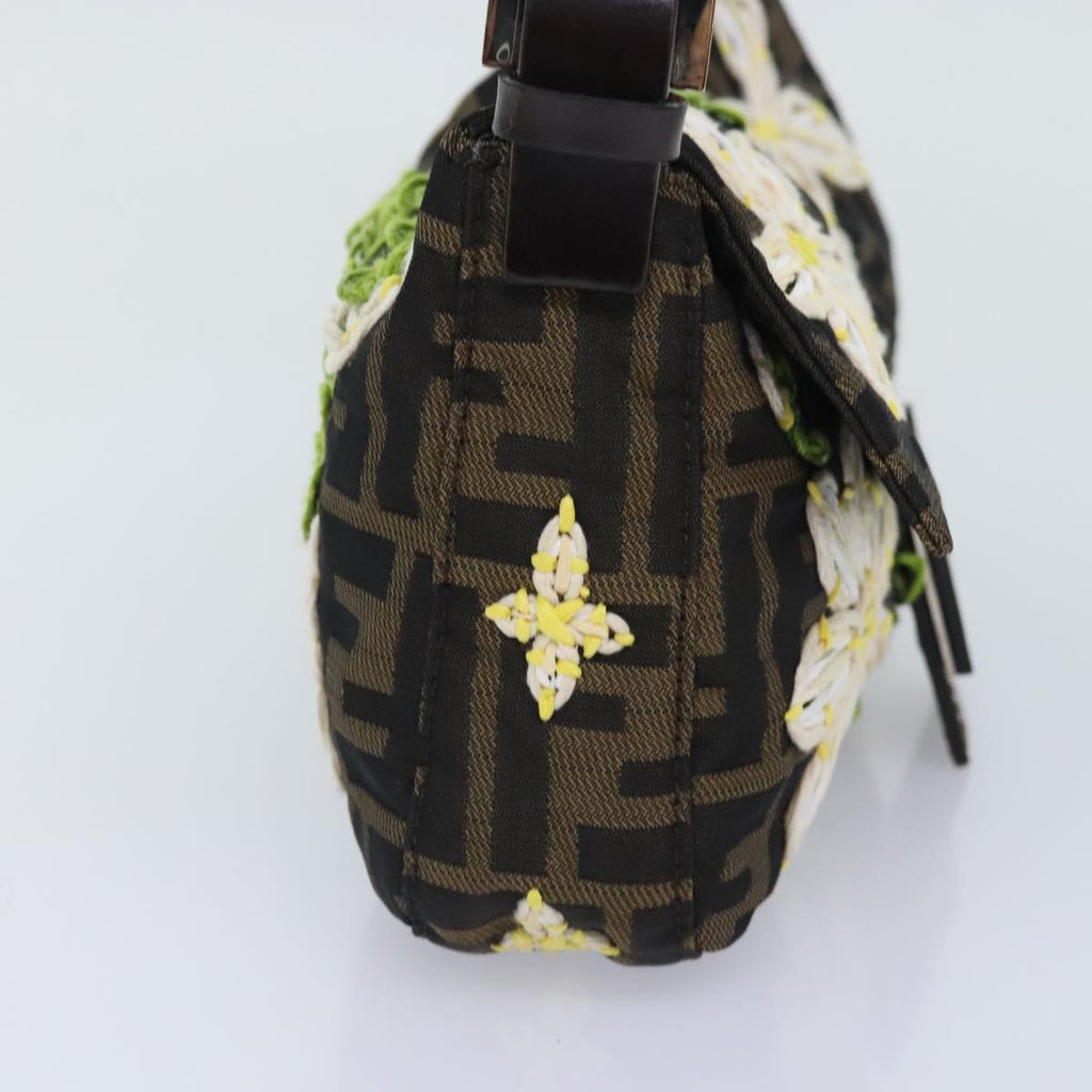 FENDI Zucca Canvas Flower Embroidery Mamma Baguette Bag Black Brownki4974