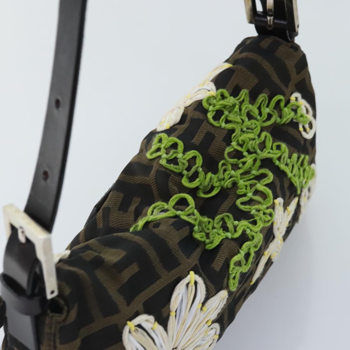 FENDI Zucca Canvas Flower Embroidery Mamma Baguette Bag Black Brownki4974