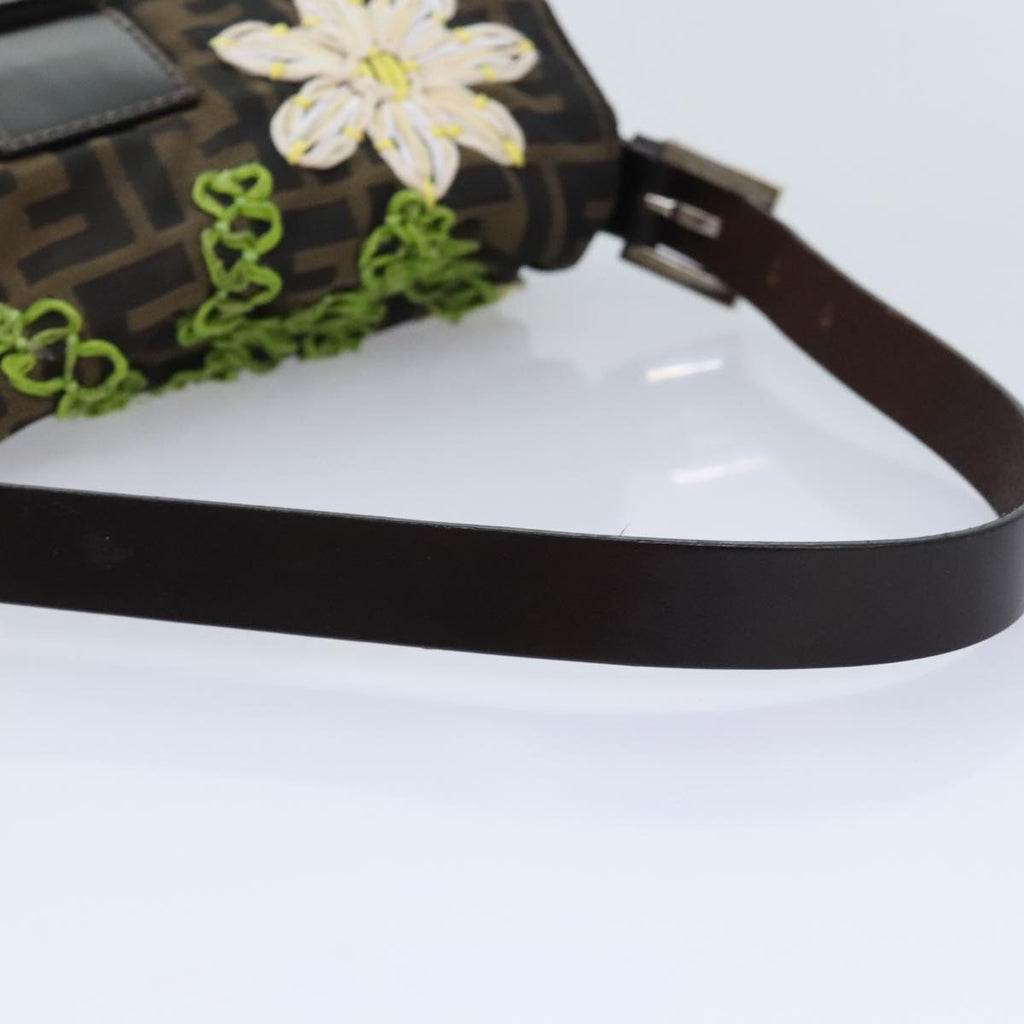 FENDI Zucca Canvas Flower Embroidery Mamma Baguette Bag Black Brownki4974