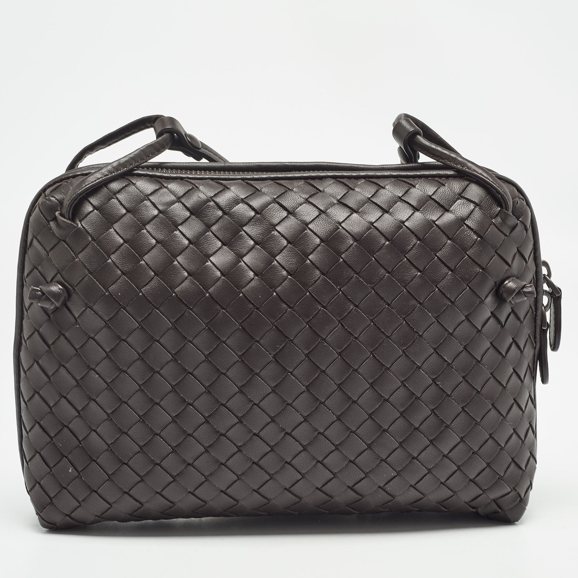 BOTTEGA VENETA Dark Brown Intrecciato Leather Nodini Crossbody Bag
