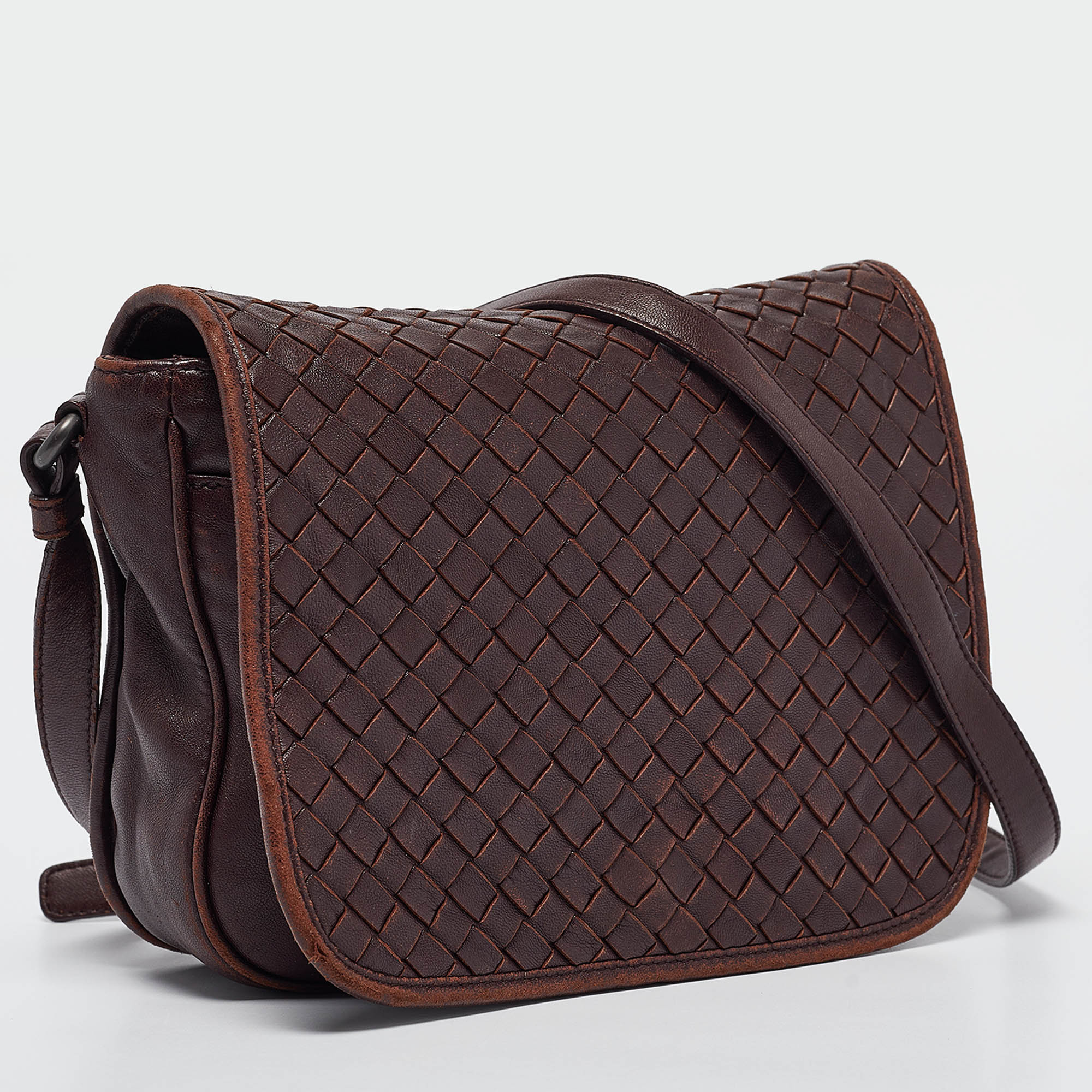 BOTTEGA VENETA Burgundy Intrecciato Leather Flap Crossbody Bag