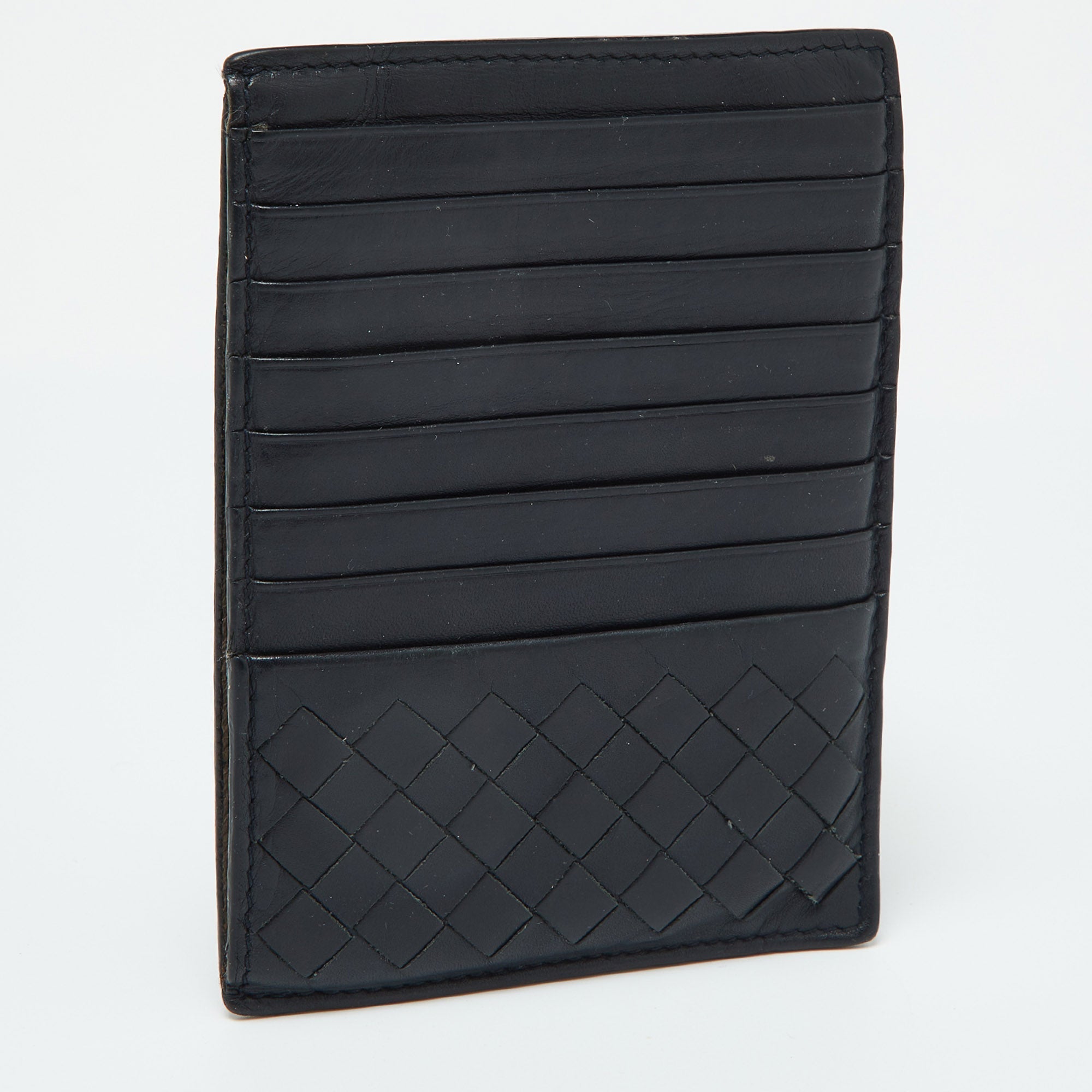 BOTTEGA VENETA Dark Blue Intrecciato Leather Zip Card Holder
