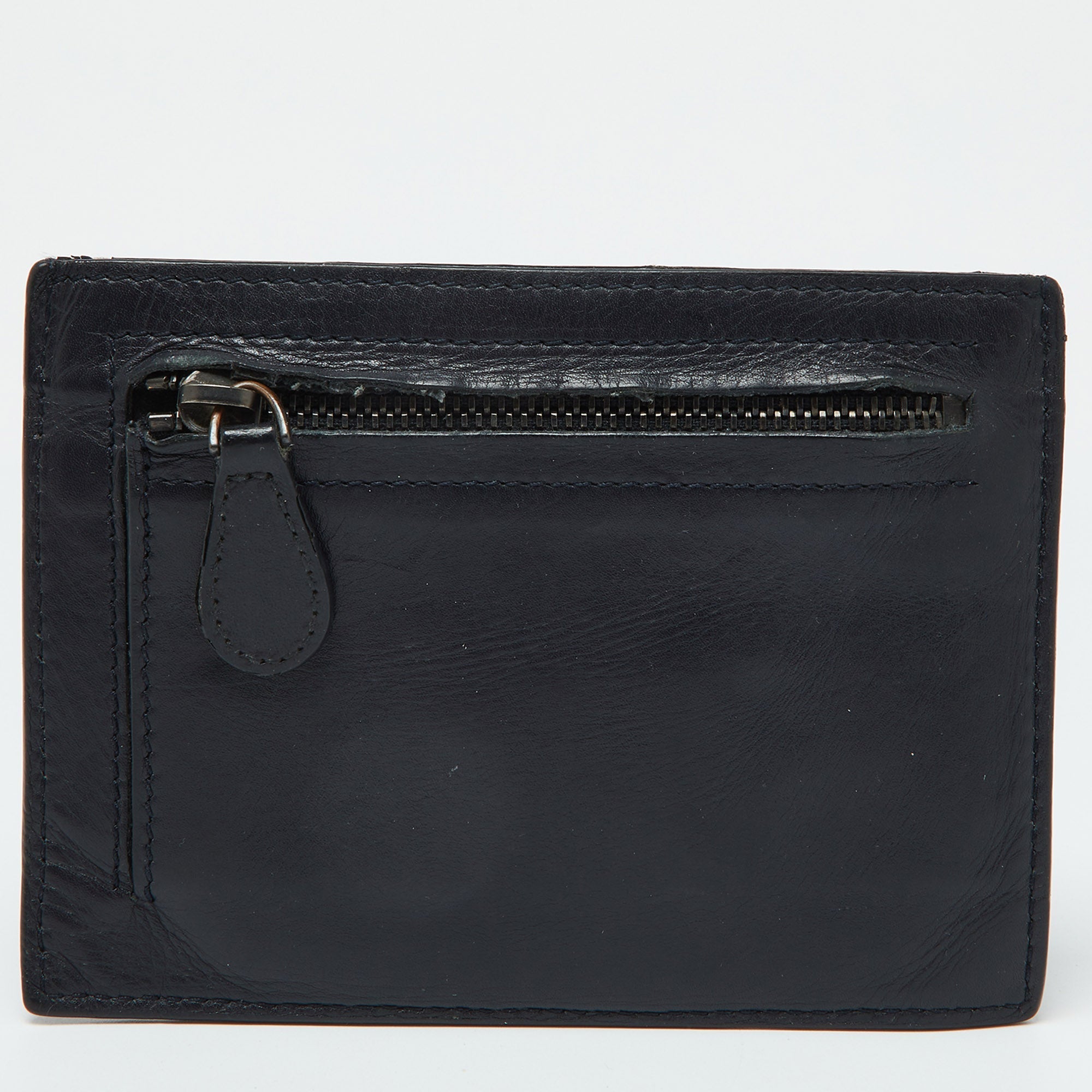 BOTTEGA VENETA Dark Blue Intrecciato Leather Zip Card Holder