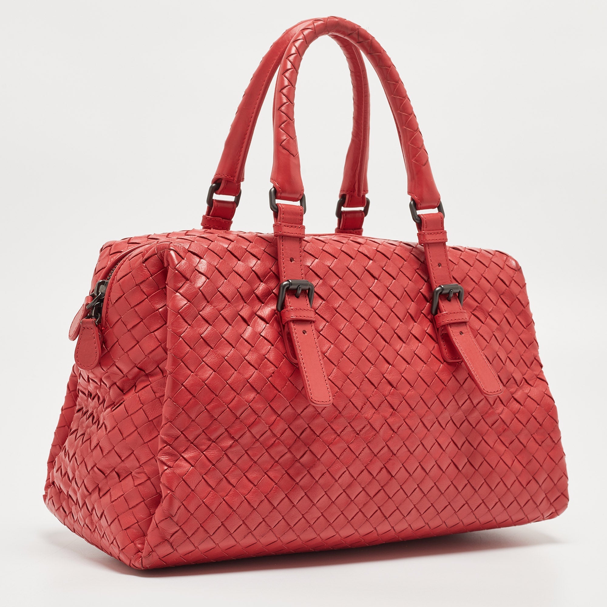 BOTTEGA VENETA Red Intrecciato Leather New Boston Bag