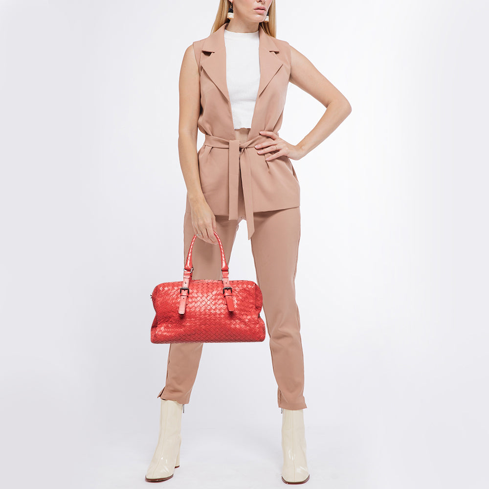 BOTTEGA VENETA Red Intrecciato Leather New Boston Bag