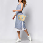 BOTTEGA VENETA Light Blue/Beige Raffia and Leather Small Arco Basket Bag