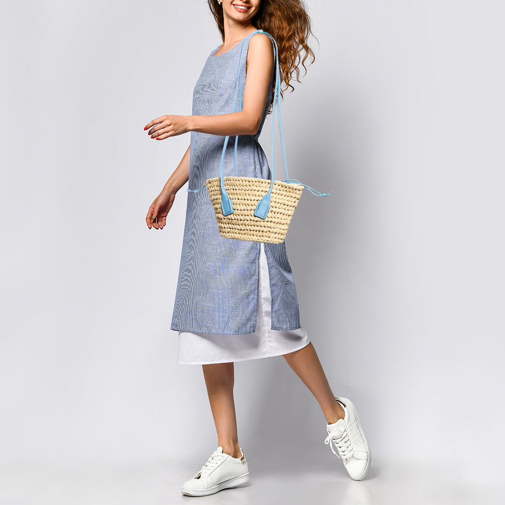 BOTTEGA VENETA Light Blue/Beige Raffia and Leather Small Arco Basket Bag