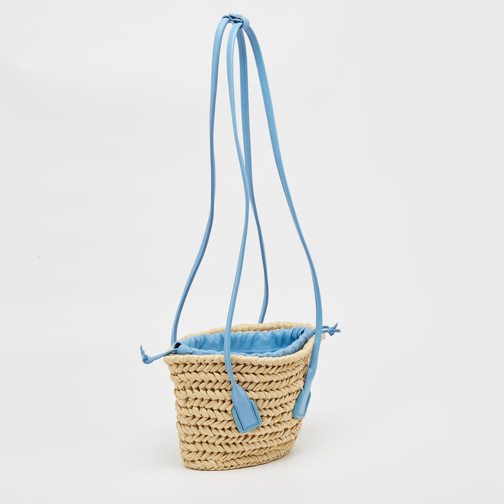 BOTTEGA VENETA Light Blue/Beige Raffia and Leather Small Arco Basket Bag