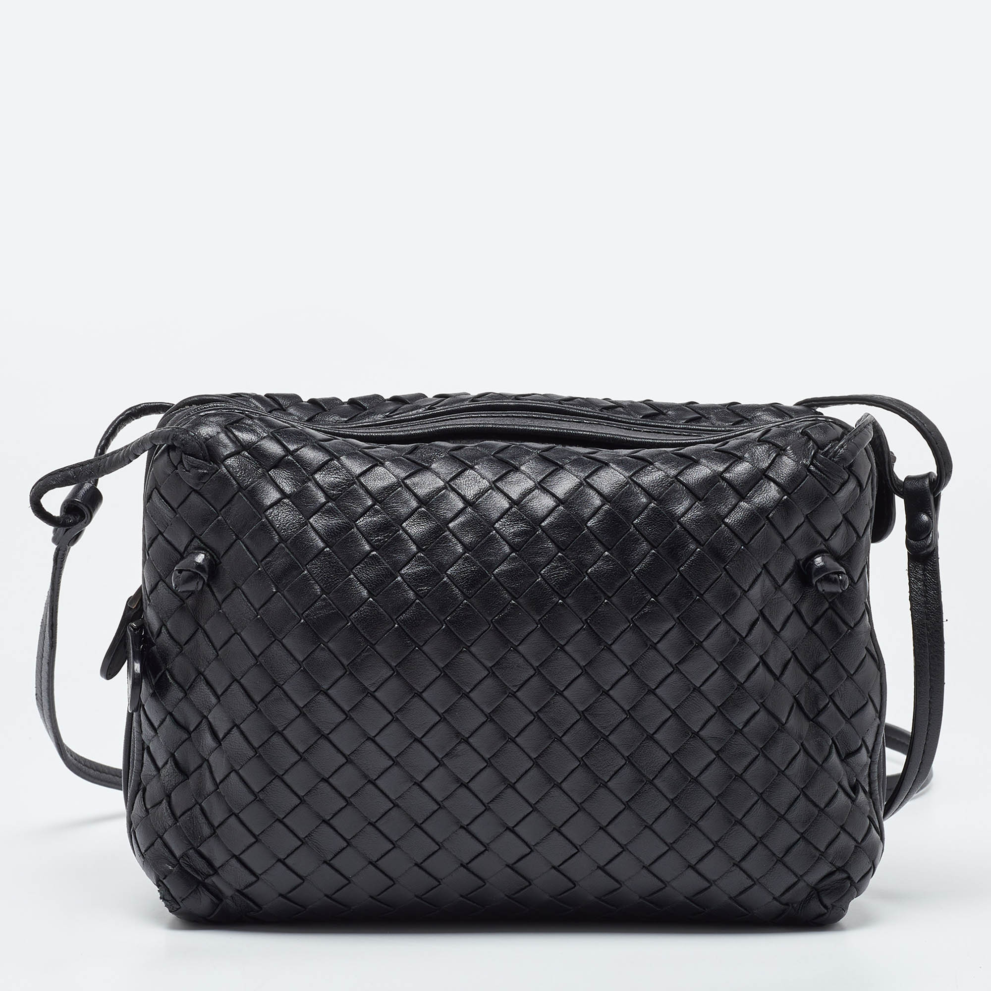 BOTTEGA VENETA Black Intrecciato Leather Nodini Double Zip Crossbody Bag