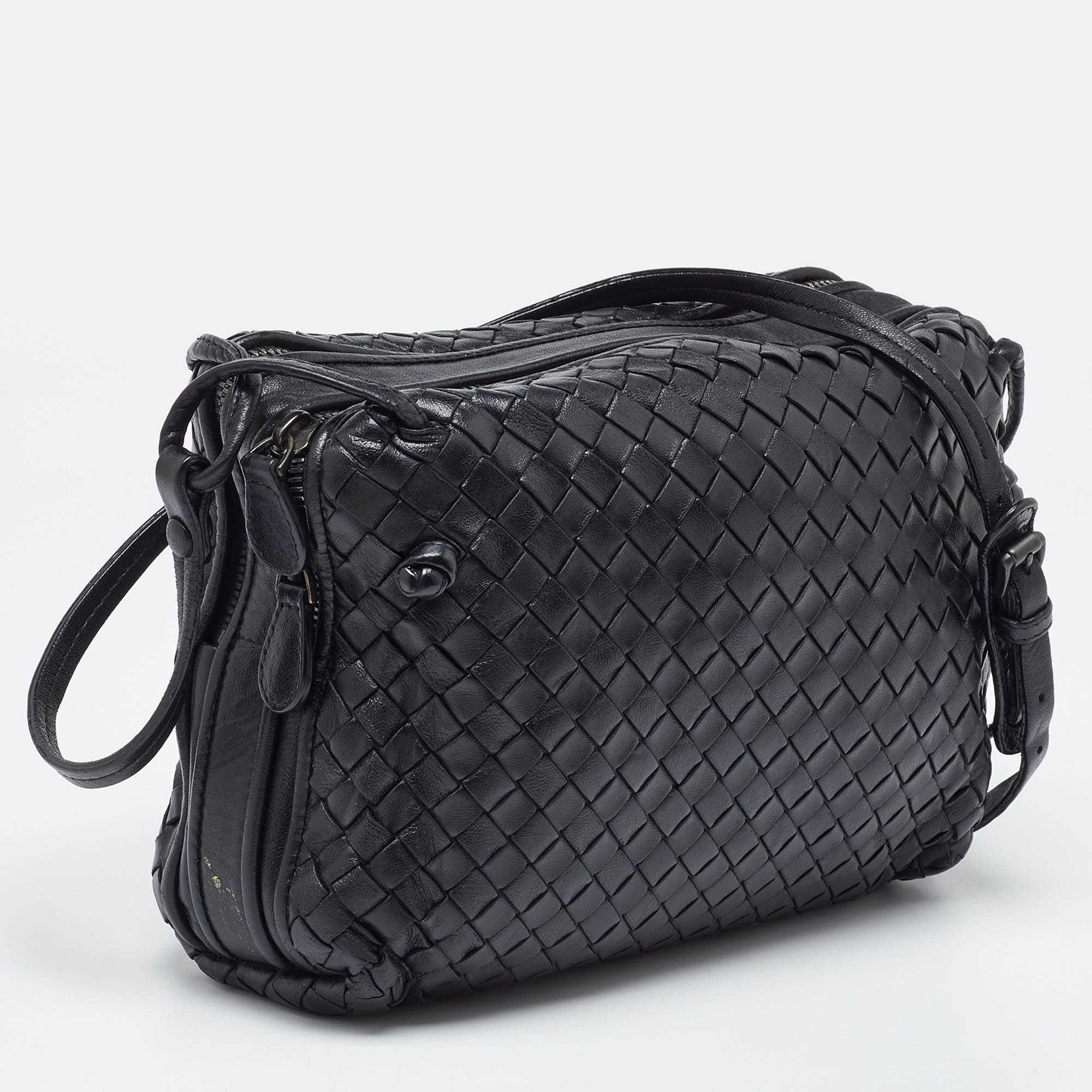 BOTTEGA VENETA Black Intrecciato Leather Nodini Double Zip Crossbody Bag