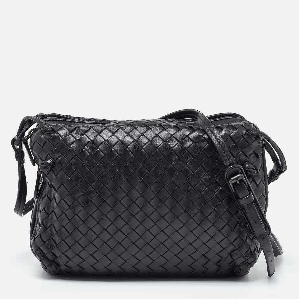 BOTTEGA VENETA Black Intrecciato Leather Nodini Double Zip Crossbody Bag