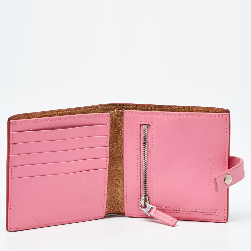 BOTTEGA VENETA Red/Pink Intrecciato Leather French Compact Wallet