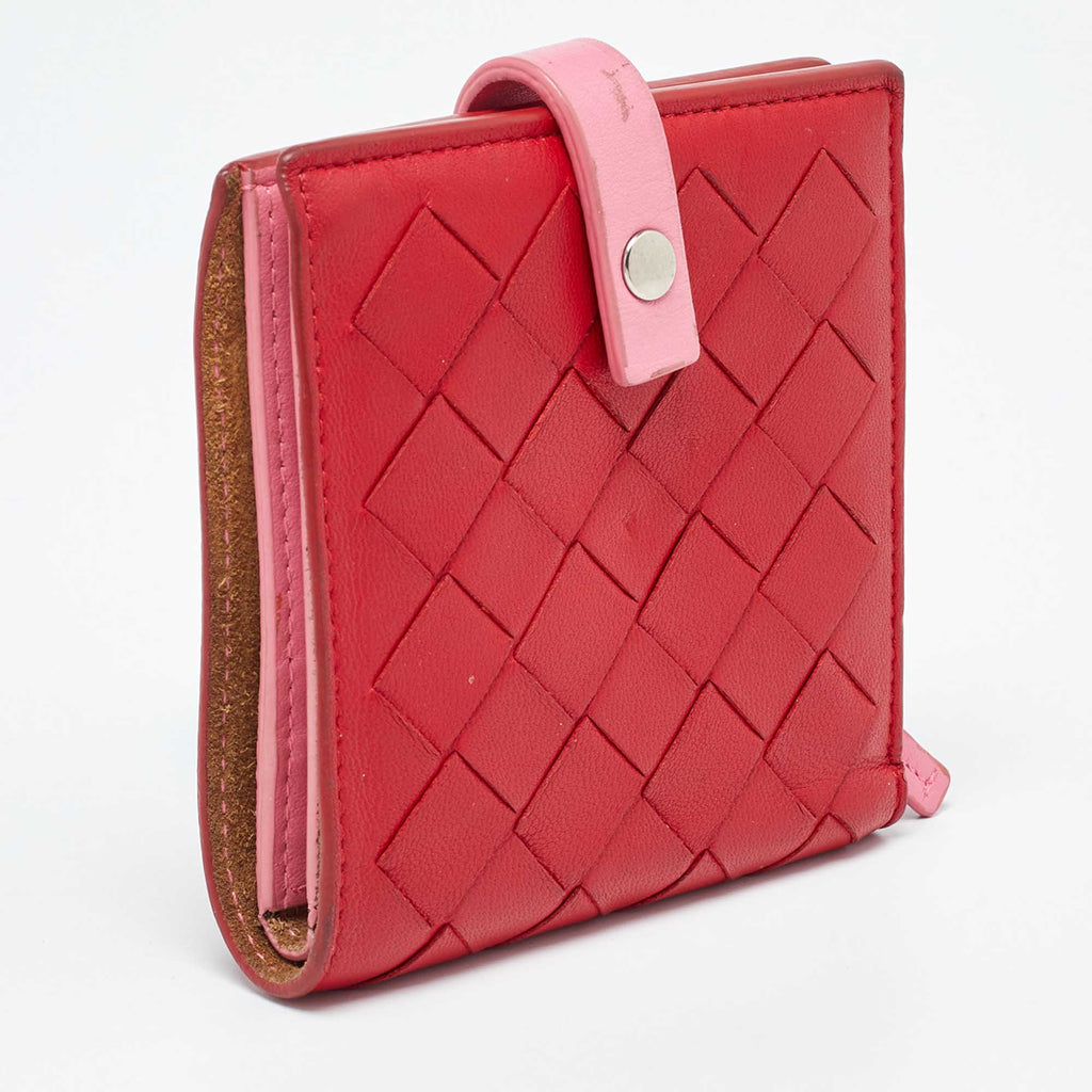 BOTTEGA VENETA Red/Pink Intrecciato Leather French Compact Wallet