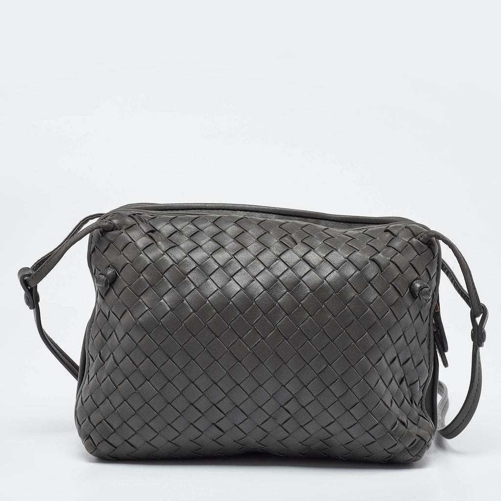 BOTTEGA VENETA Grey Intrecciato Leather Nodini Double Zip Crossbody Bag