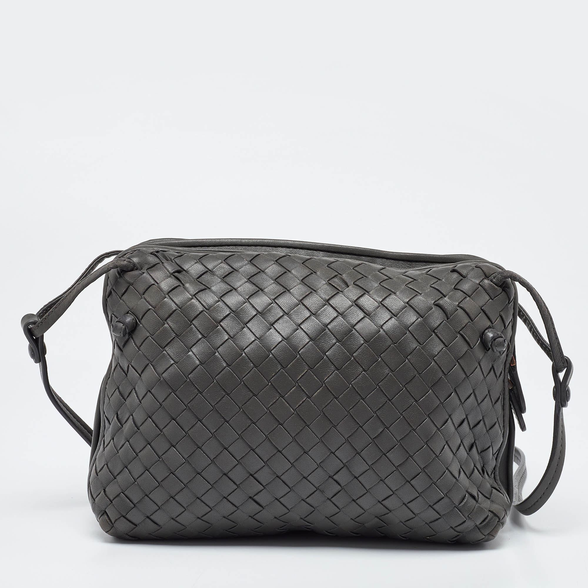 BOTTEGA VENETA Grey Intrecciato Leather Nodini Double Zip Crossbody Bag