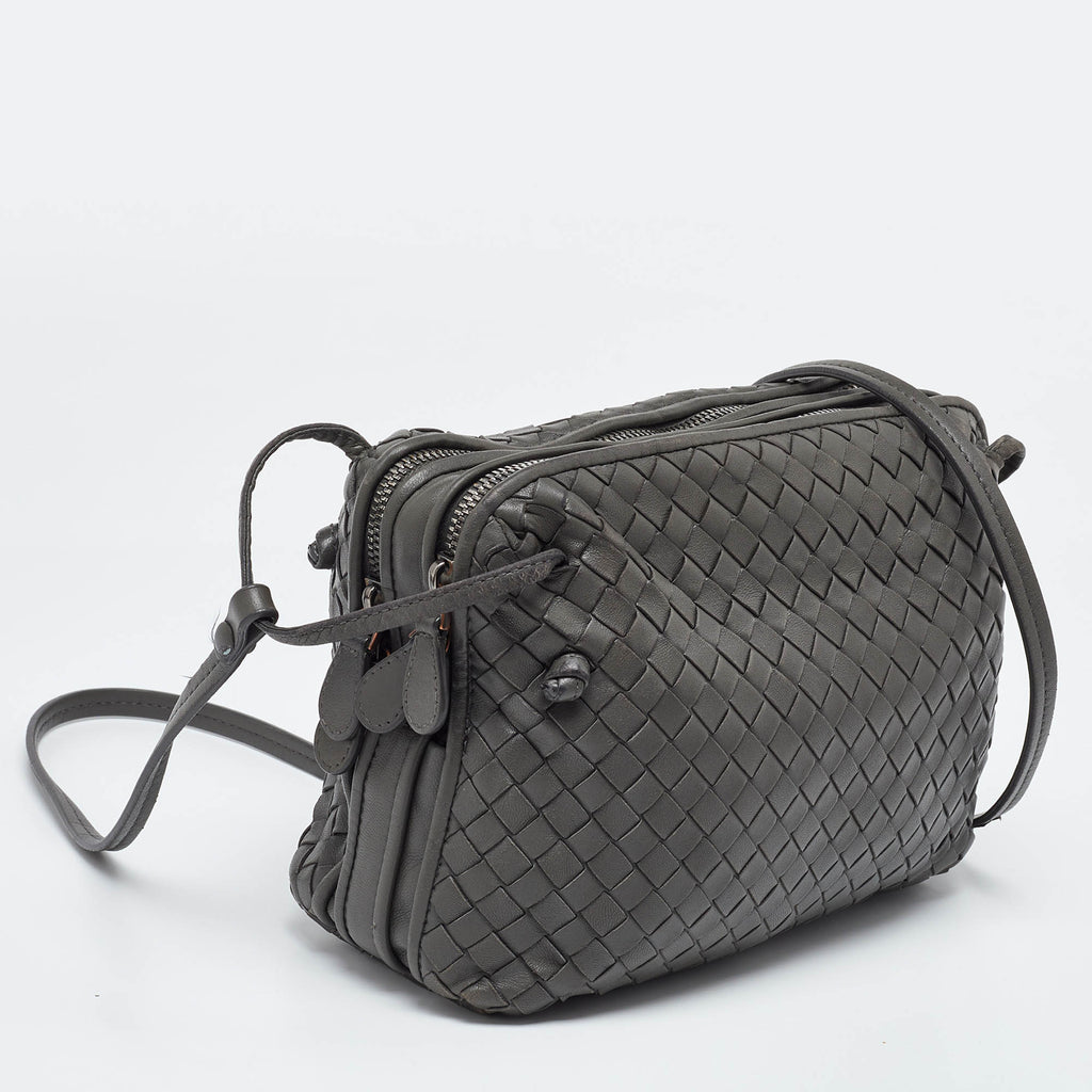 BOTTEGA VENETA Grey Intrecciato Leather Nodini Double Zip Crossbody Bag
