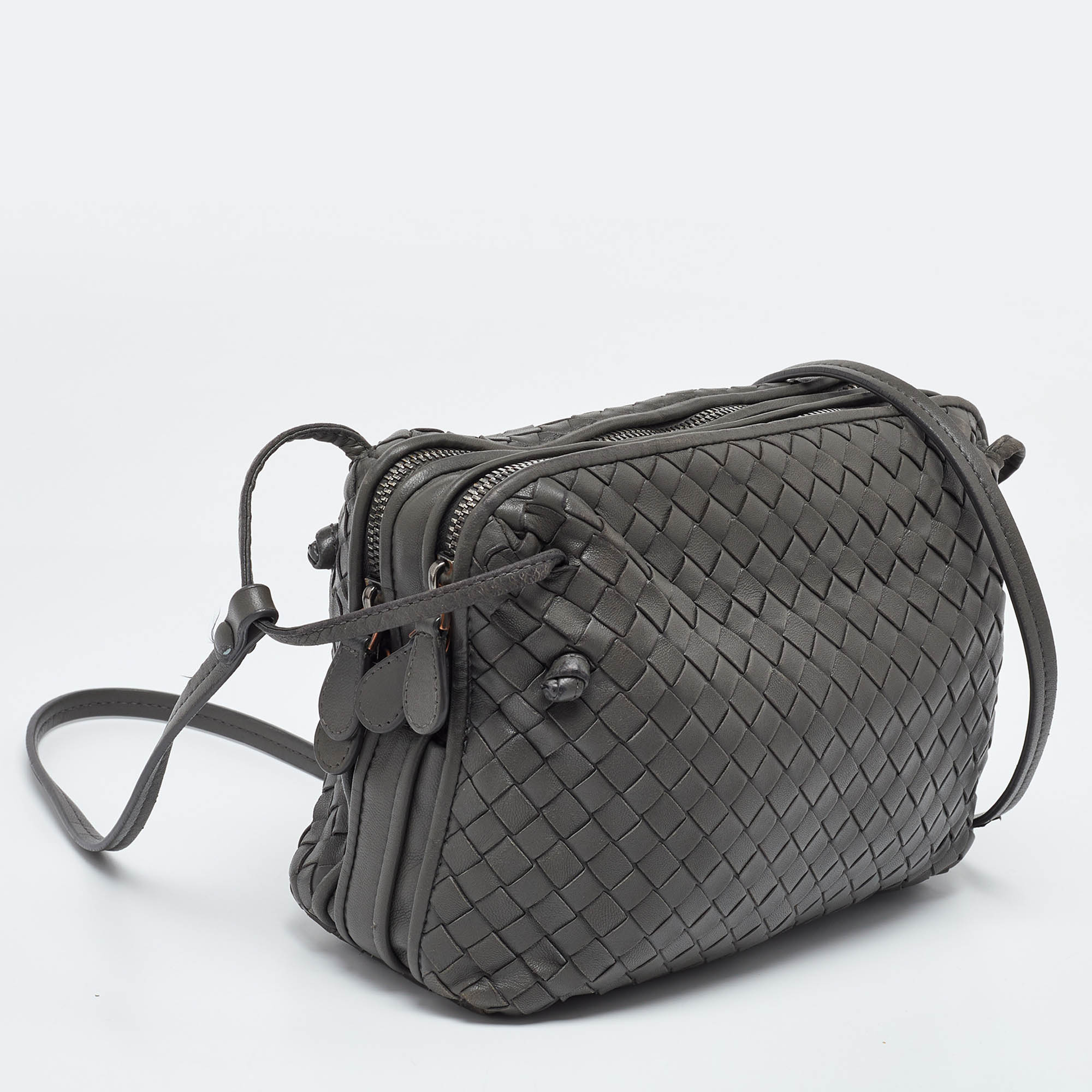 BOTTEGA VENETA Grey Intrecciato Leather Nodini Double Zip Crossbody Bag