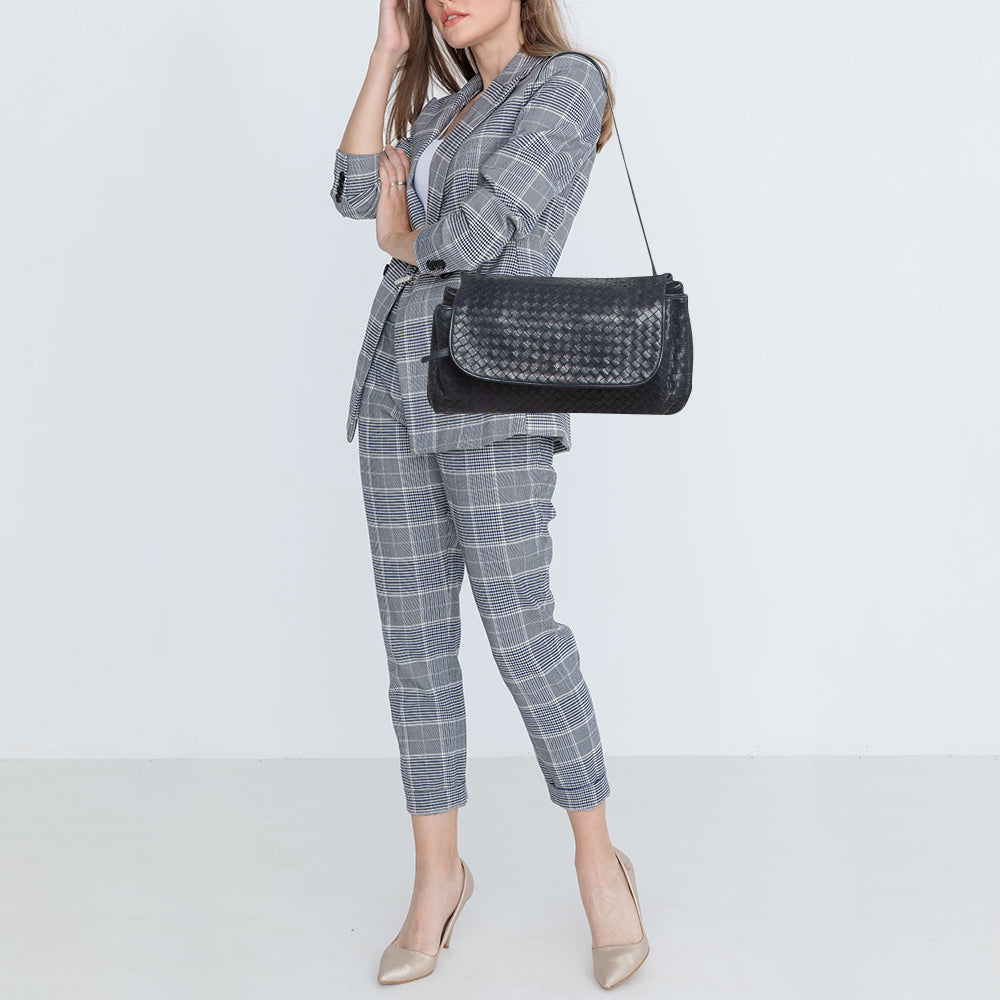 BOTTEGA VENETA Navy Blue Intrecciato Leather Drawstring Flap Bag