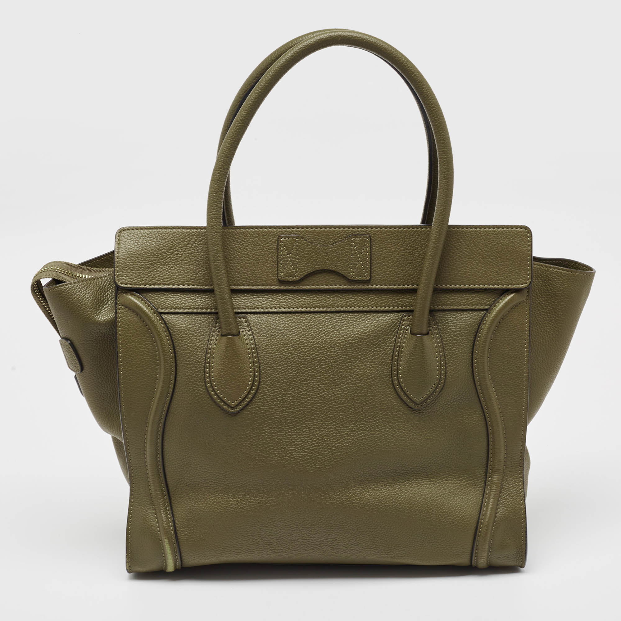 CELINE Olive Green Leather Shoulder Luggage Tote