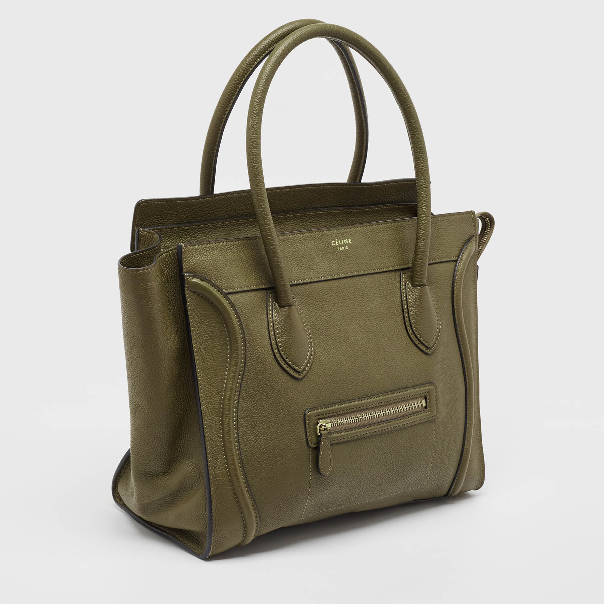 CELINE Olive Green Leather Shoulder Luggage Tote