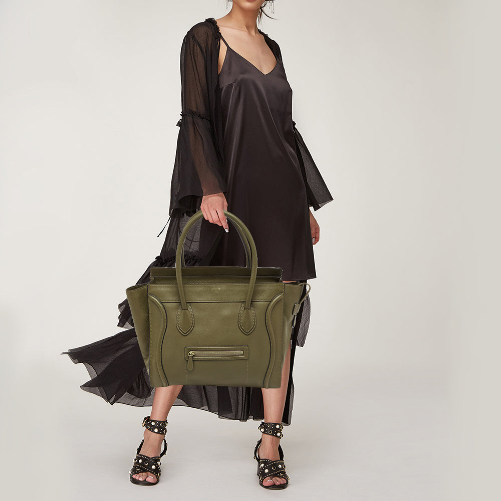 CELINE Olive Green Leather Shoulder Luggage Tote