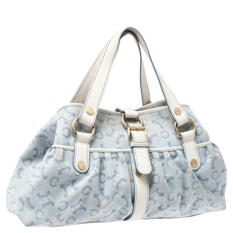 Celine Blue/White Monogram Canvas and Leather Satchel