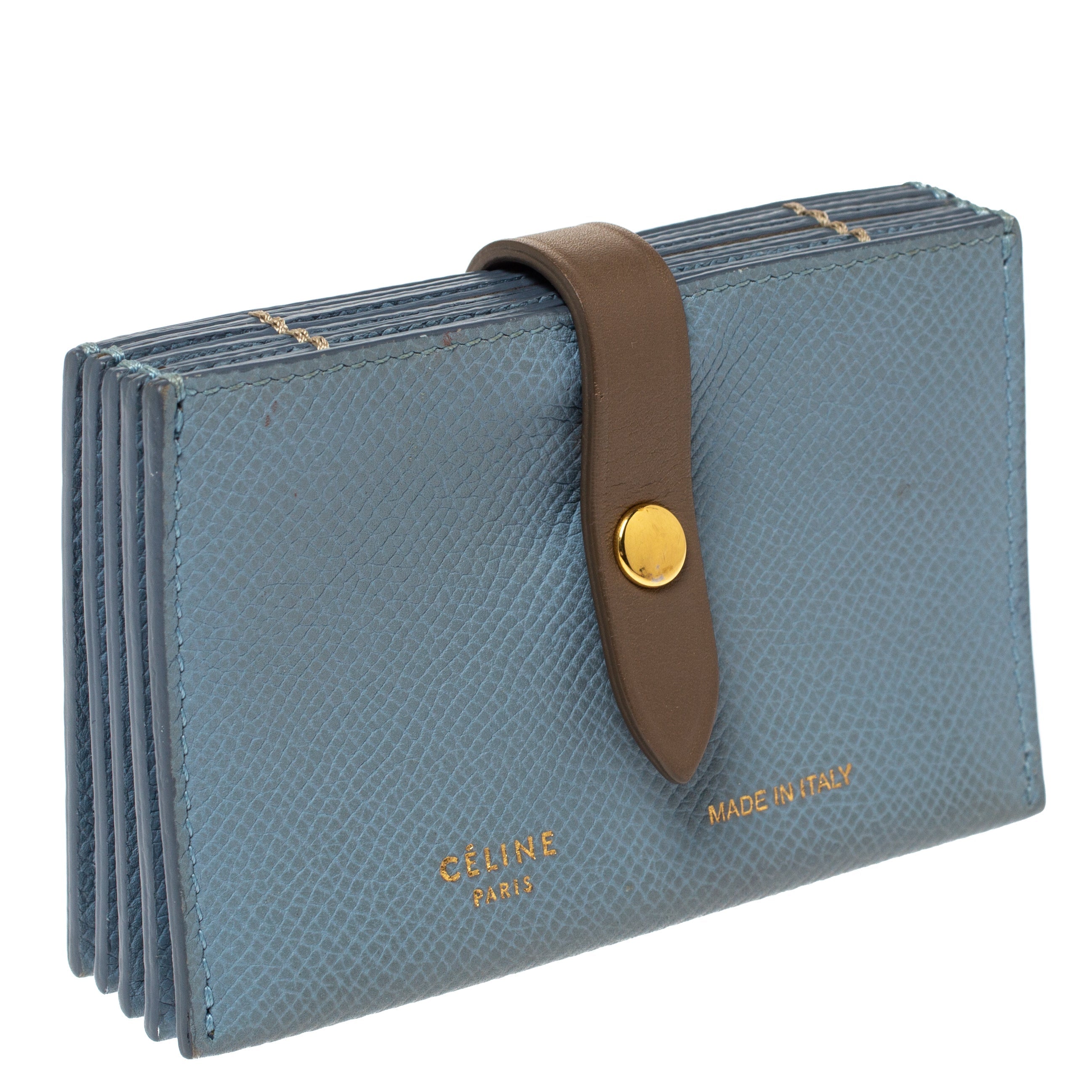 CELINE Dusty Blue Grained Leather Accordeon Card Holder