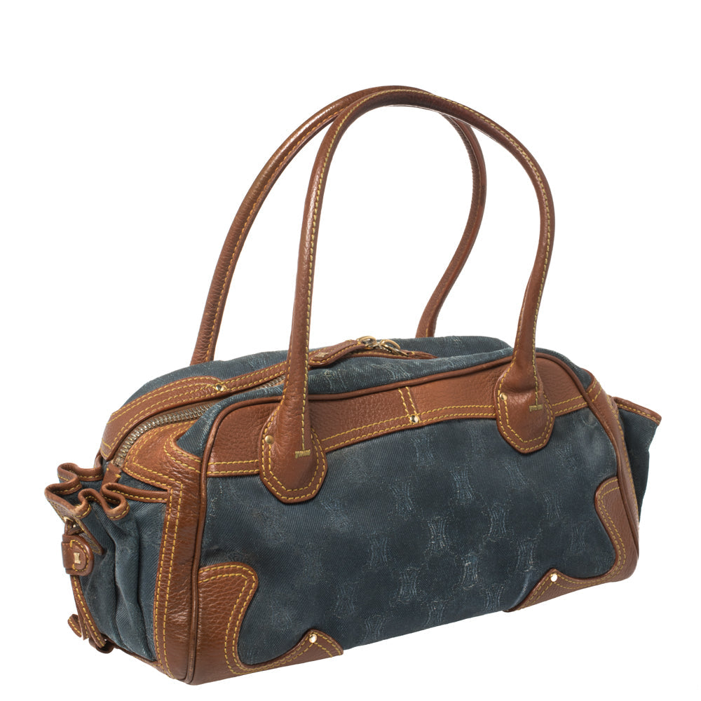 Celine Blue/Brown Macadam Denim and Leather Drawstring Pocket Satchel