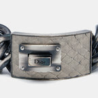 DIOR Aged Silver Tone Leather Plaque Chunky Chain Link Bracelet