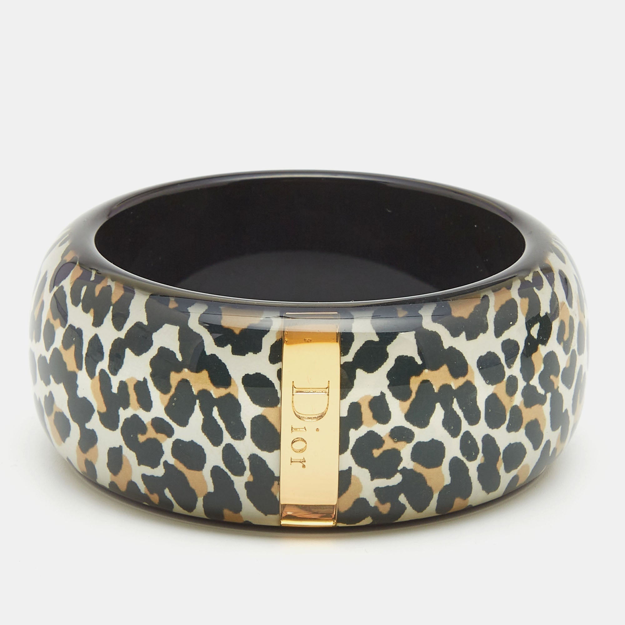 DIOR Black Resin Acrylic Leopard Printed Bangle Bracelet