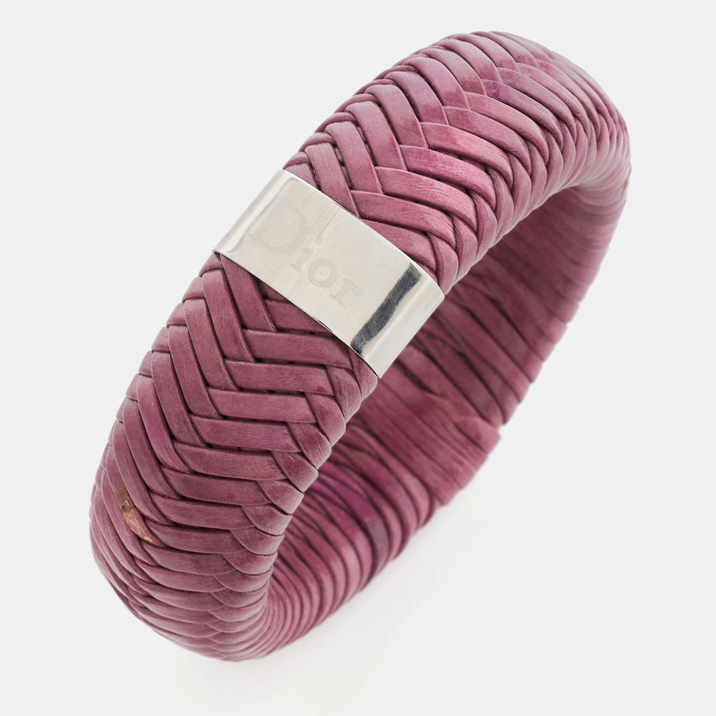 DIOR Leather Silver Tone Wide Bracelet