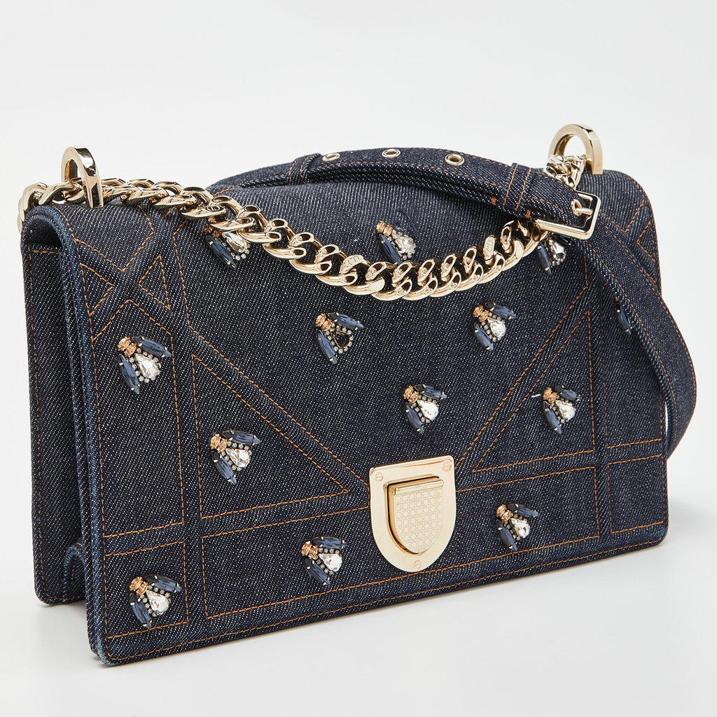 DIOR Blue Denim Medium Crystal Embellished ama Shoulder Bag