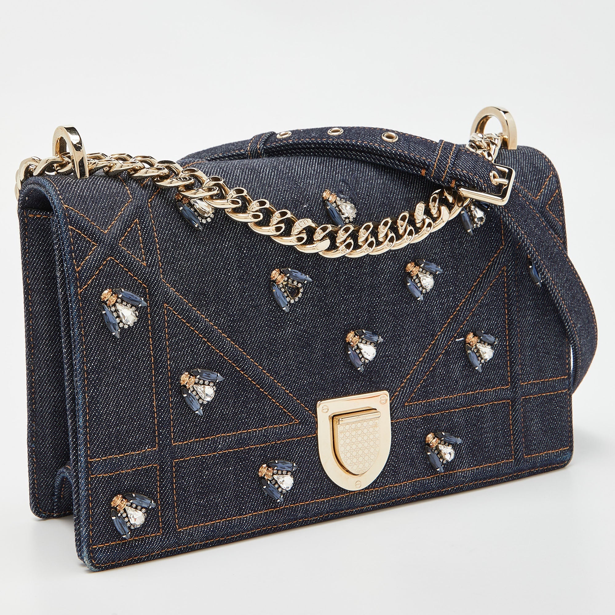 DIOR Blue Denim Medium Crystal Embellished ama Shoulder Bag
