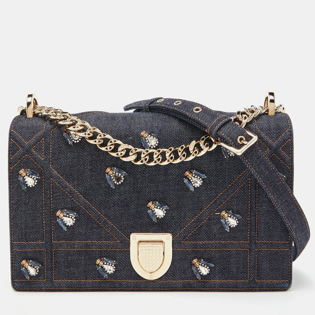 DIOR Blue Denim Medium Crystal Embellished ama Shoulder Bag