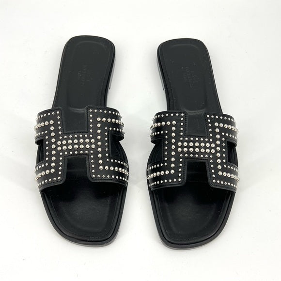HERMES rivet oran sandals in black leather