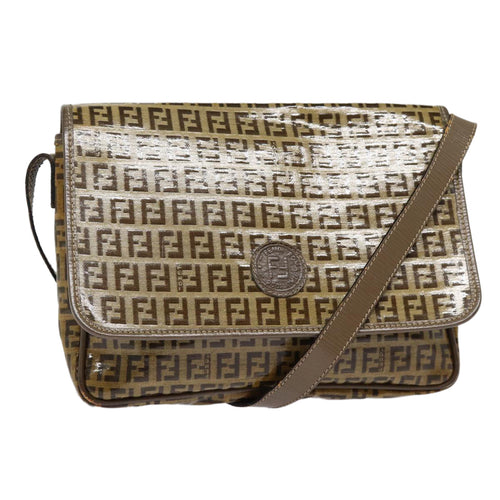 FENDI Zucchino Canvas Shoulder Bag Brown Silvermr463