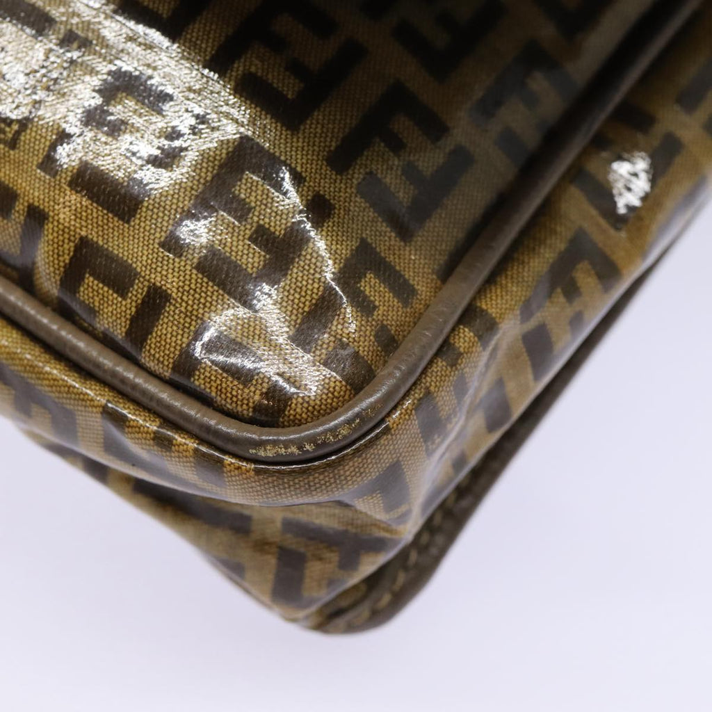 FENDI Zucchino Canvas Shoulder Bag Brown Silvermr463