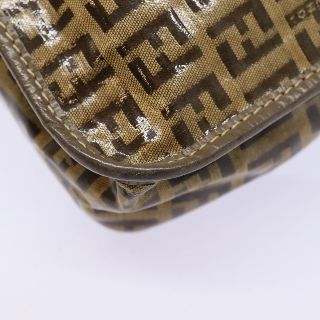 FENDI Zucchino Canvas Shoulder Bag Brown Silvermr463