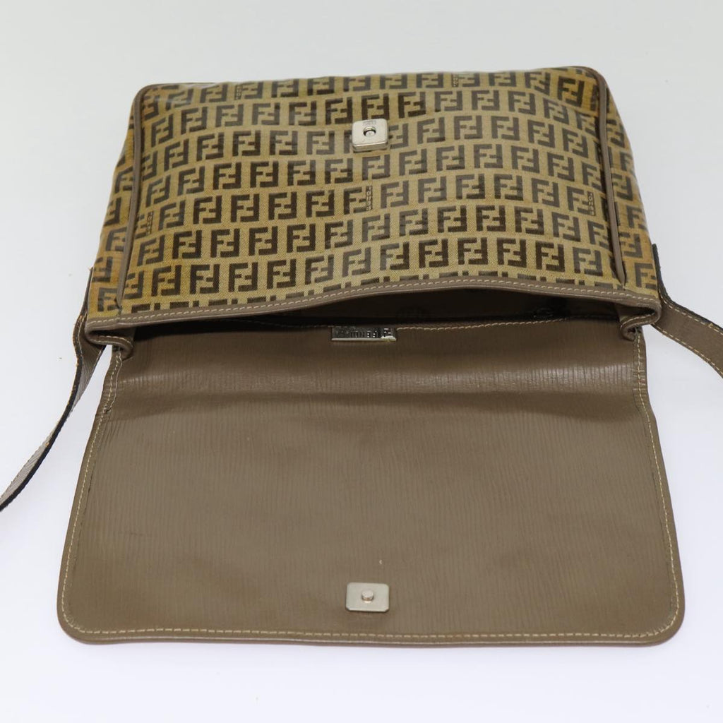 FENDI Zucchino Canvas Shoulder Bag Brown Silvermr463
