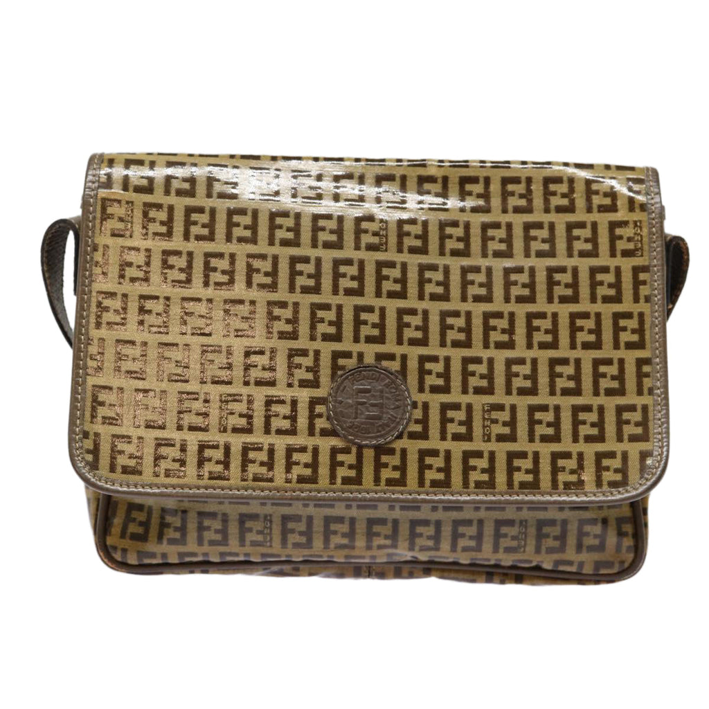 FENDI Zucchino Canvas Shoulder Bag Brown Silvermr463