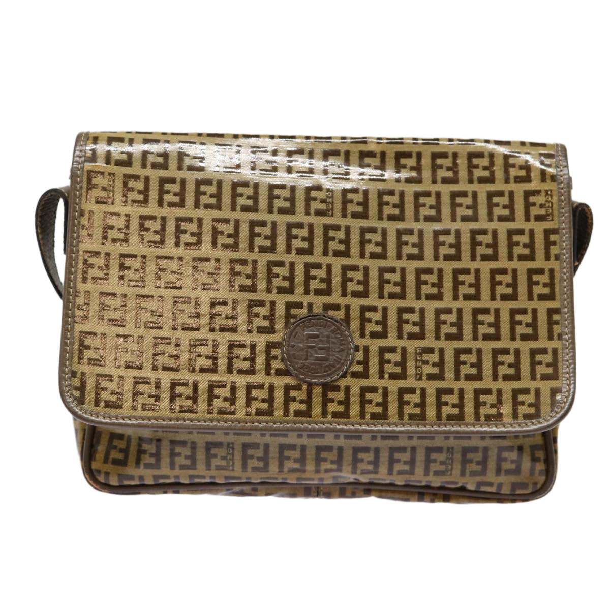 FENDI Zucchino Canvas Shoulder Bag Brown Silvermr463