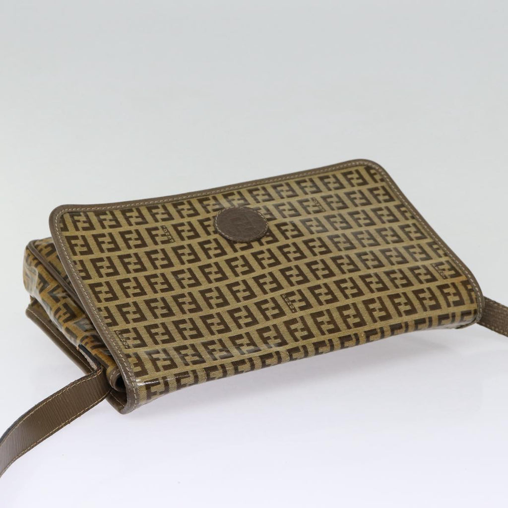 FENDI Zucchino Canvas Shoulder Bag Brown Silvermr463