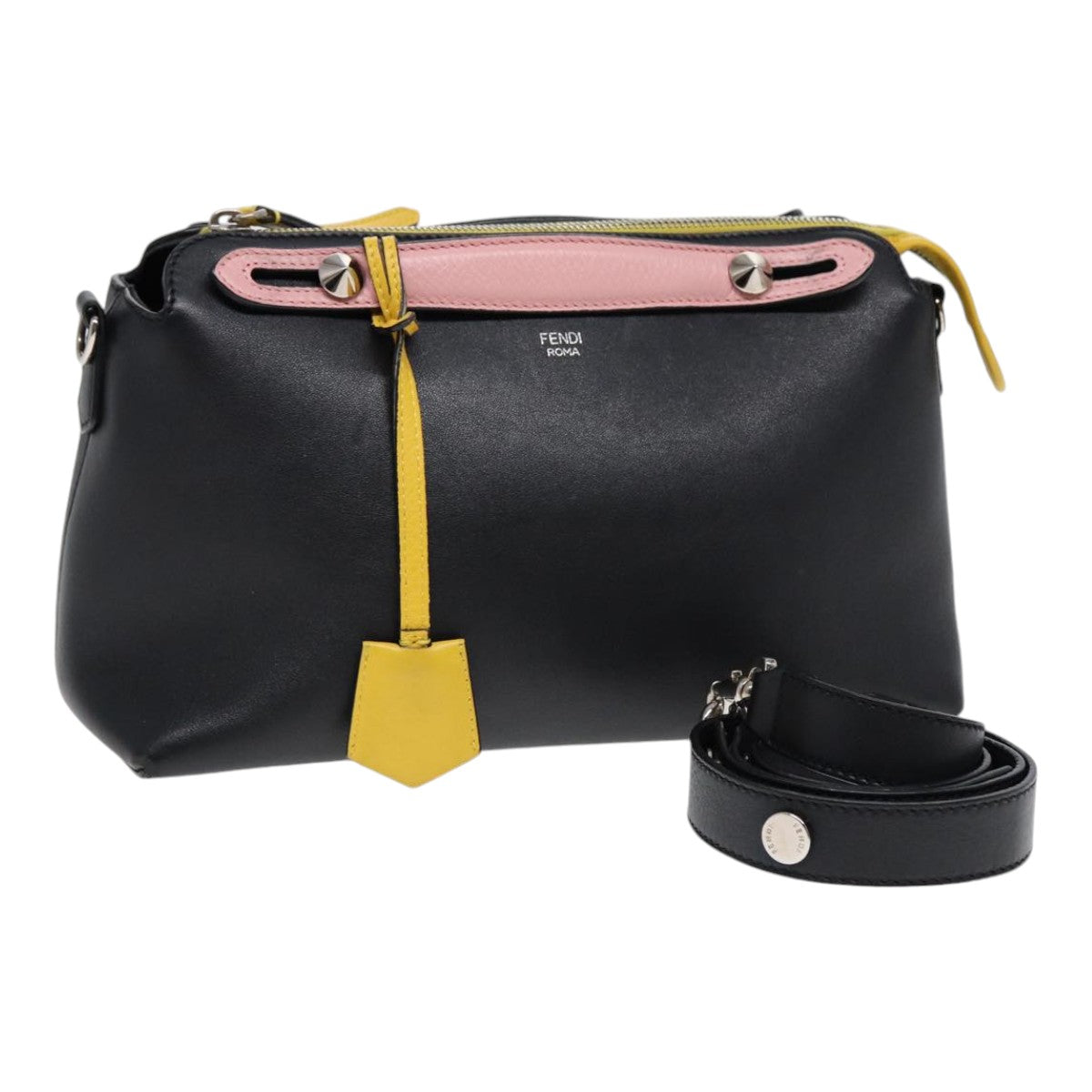 FENDI By The Way Medium Hand Bag Leather 2way Black Silvermr464