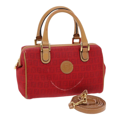 FENDI Zucchino Canvas Hand Bag 2way Red Brown Goldmr568