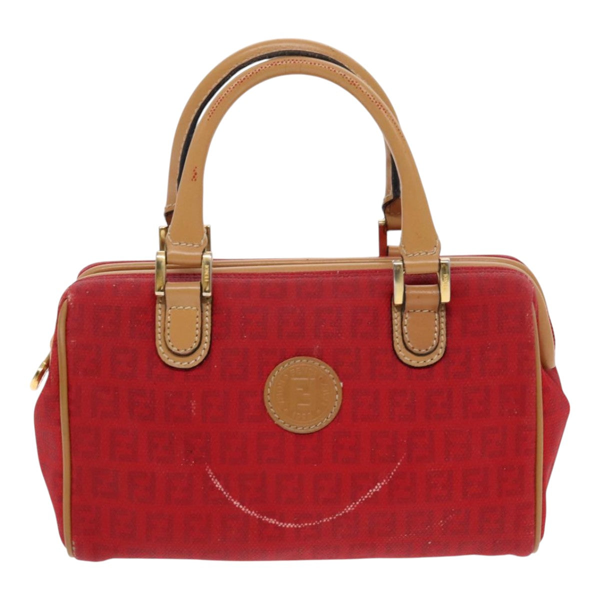 FENDI Zucchino Canvas Hand Bag 2way Red Brown Goldmr568