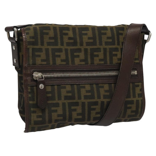 FENDI Zucca Canvas Shoulder Bag Brown Black Silvermr967